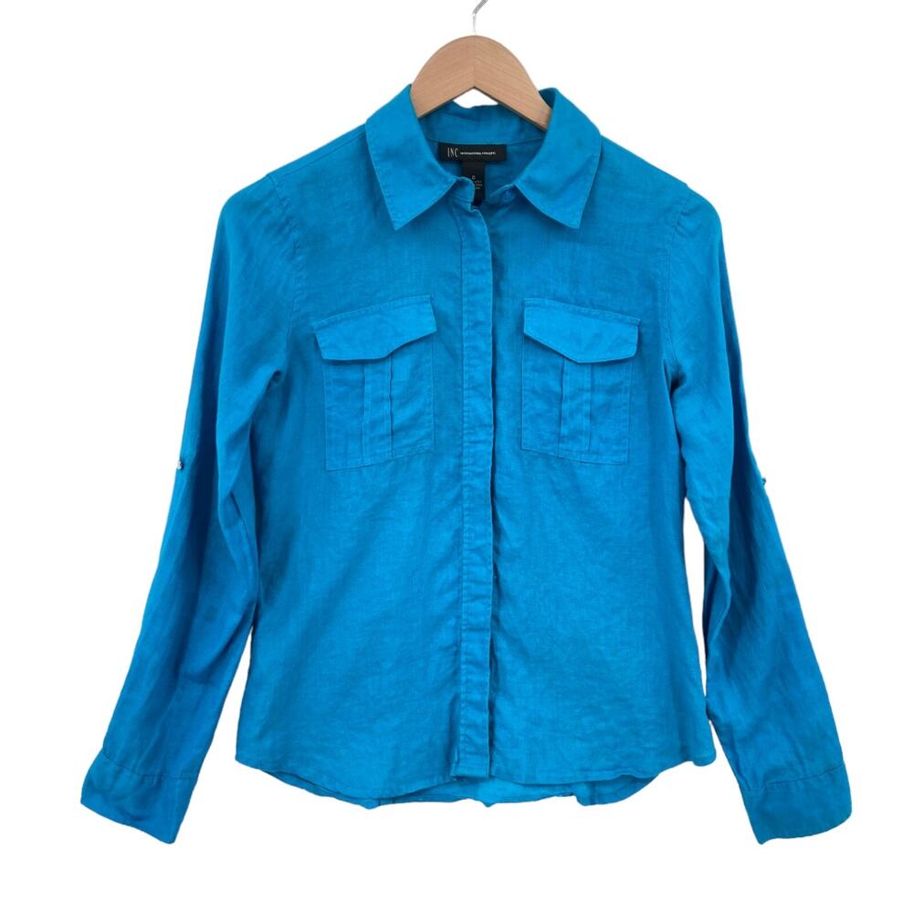 INC International Concepts Button Up Shirt Womens Size 0 Blue Linen Long Sleeve